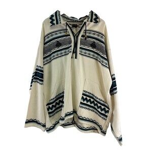 Artesania Landa Handmade Pullover  Peru Cream Teal Blanket Pattern Cotton Men XL